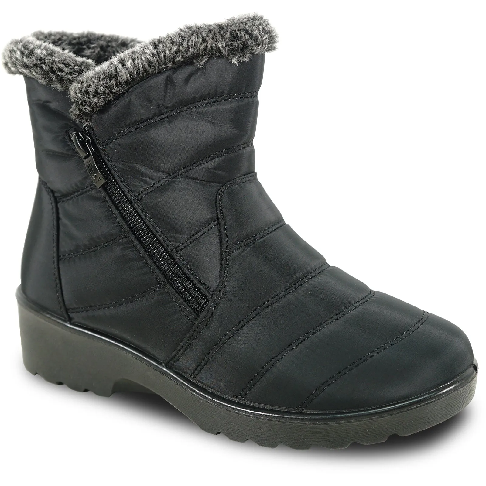 KOZI Women Winter Fur Boot NANCY-3 Ankle Casual Boot Black - with Ice Cleat Outsole